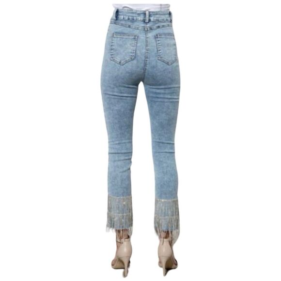 NWT Y2K Blue B High Waisted Rhinestone Fringe Cuff Skinny Jeans Sz S - Picture 3 of 5